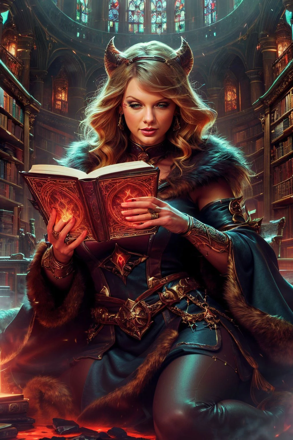 a realistic digital painting of (Taylor Swift:1.0), Within the labyrinthine shelves of a vast arcane library, a female human Wizard (photorealistic:1.35) channels her knowledge-based magic. Her face, brightened with (studious, arcane makeup:1.2), exemplifies her intellectual prowess. She hovers over a grand, glowing tome, casting a complex spell with a wave of her hand. The expansive library, the countless tomes, and the Wizard's focus encapsulate the academic nature of her class , Short, choppy layers framing the face, with a bold, asymmetrical fringe. wearing A bold leopard print faux fur coat layered over a black silk slip dress. Paired with black knee-high boots, a black leather handbag, and gold drop earrings. , (Lying on her stomach, she props herself up on her elbows, legs bent at the knee and playfully kicking in the air. She offers the camera a genuine smile, embodying an easygoing charm and youthful vitality.:1.1) , (hdr,elegant,atmospheric lights,ethereal,best quality,Dramatic,realistic lighting,volumetric lighting:1.2), <lora:DemonicTech:0.95>, demonictech, scifi