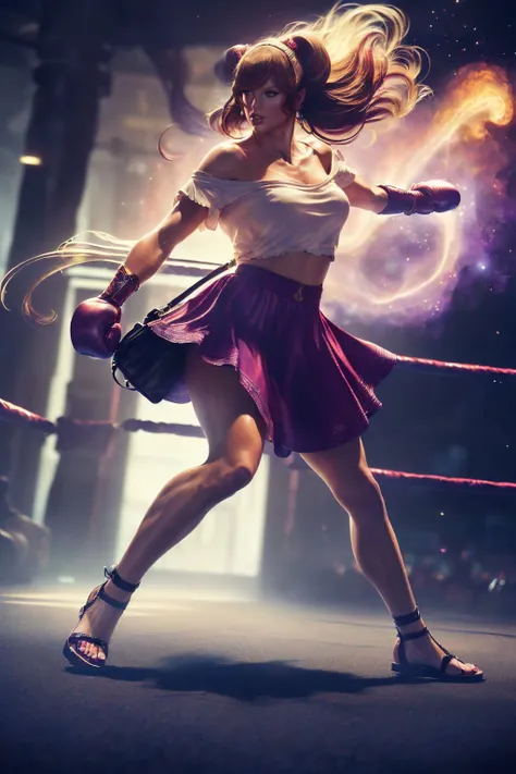 a realistic painting of (Taylor Swift:1.0) by (Moebius and Frank Frazetta:1.4), Long, silky straight hair that falls in a curtain down the back, with a deep side part. wearing From Mexico, a white, flowy, off-the-shoulder blouse paired with a vibrant, embroidered skirt. Paired with leather huarache sandals and a colorful tote bag. , (An energetic boxing stance. She's mid-punch, one arm extended forward while the other protects her face. Her feet are spread shoulder-width apart, and her gaze is intense and concentrated.:1.1) , (extremely detailed,octane render,global illumination,intricate,cinematic,ultra detailed,super realistic,4k:1.2), <lora:Luis Royo and Woman v.2:0.95>