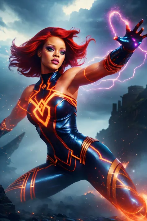 a realistic digital painting of (Rihanna:1.0), In the midst of a thunderous storm, a female human Bloodrager (photorealistic:1.35) stands, her body crackling with arcane energy. Her face, featuring (bold, striking makeup:1.2), is filled with raw, primal emotion. She is clad in worn leather armor, and her magic-infused weapon illuminates the dark landscape. The stormy night, the magic-infused environment, and the Bloodrager's fiery aura capture the mystical fury  , A bold, colorful wig that pops against the skin tone and adds a playful, unexpected twist to the overall look wearing as Jean Grey from X-Men on an impressive comic book cover, telekinetic powers on display, classic comic book style, bold text, iconic and memorable, true to the X-Men universe,masterful artwork , (Her body is angled to the side, but she turns her torso to face the camera directly. One hand is placed on her hip, the other reaching out to the side. Her gaze is piercing and powerful.:1.1) , (CG unity,atmospheric lights,global illumination,intricate,volumetric lighting,unreal engine,super realistic,extremely detailed:1.2), <lora:AntimatterTech:0.95>, antitech, scifi, pure energy