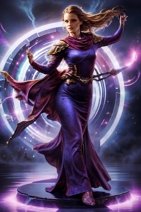 a realistic digital painting of (Emma Watson:1.0), Before a divine, radiant altar, a female human Warpriest (photorealistic:1.35) prays for victory. Her face, embellished with (devotional, holy makeup:1.2), embodies her unwavering faith. She raises a blessed weapon, her prayer resonating with holy might. The holy altar, the divine light, and the Warpriest's zealous prayer capture the sacred devotion of her class , Retro-inspired victory rolls that add height and drama to the hairstyle. wearing A royal blue, floor-length velvet gown featuring a deep, draped cowl back for a dramatic and elegant effect. The front of the dress is simple, with a modest neckline and long sleeves. , (Resting her weight on one leg, she bends her other knee, foot pointed out elegantly. One hand rests on her hip, and the other arm is gracefully extended, fingertips gently brushing her cheek.:1.1) , (ethereal,incredibly detailed,hyperrealism,realistic lighting,super realistic,unreal engine,CG unity,cinematic:1.2), <lora:comicdiffusion_Lora300:0.85>, pepelarraz artstyle , <lora:comicdiffusion_Lora300:0.95>, jamesdaly artstyle , <lora:Luis Royo and Woman v.2:0.65>