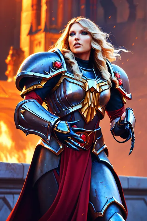 A stunning digital painting of (Taylor Swift:1.0) by (John Howe and lord of the rings:1.2), Half-up, half-down hairstyle with crystal hairpins: Long, wavy hair styled in a half-up, half-down hairstyle with sparkly crystal hairpins holding back the top half, giving off a luxurious and glamorous feel. wearing (As female Sister of Battle from Warhammer 40k, create a valiant, awe-inspiring artwork. She stands in a war-torn Imperial city, flames rising as the Ecclesiarchy s cathedrals crumble. Dressed in a highly detailed Adepta Sororitas power armor with flowing red cloth, her bolter unleashing fury upon heretics, she embodies devotion. The backdrop s apocalyptic scenery with gargoyles, fire, and smoke represents a solemn testament to her unwavering faith in the Emperor.:1.2) , (Leaning against a wall, her body forms a captivating diagonal line. One leg is bent at the knee, foot pressed against the wall, showcasing the length of her figure. Her hands gently cradle her face or play through her hair, presenting a flirtatious and adventurous image.:1.1) ,(Beautifully realistic,atmospheric lights,ultra detailed,emotional,extremely detailed,volumetric lighting,CG unity,high-resolution,realistic lighting,atmospheric lighting,hdr,striking contrast,epic composition,iconic and memorable,intricately designed,captivating concept art,global illumination,masterful artwork,captivating scene,vivid colors,sharp focus,Dramatic:1.2), <lora:AntimatterTech:0.85>, antitech, scifi, pure energy
