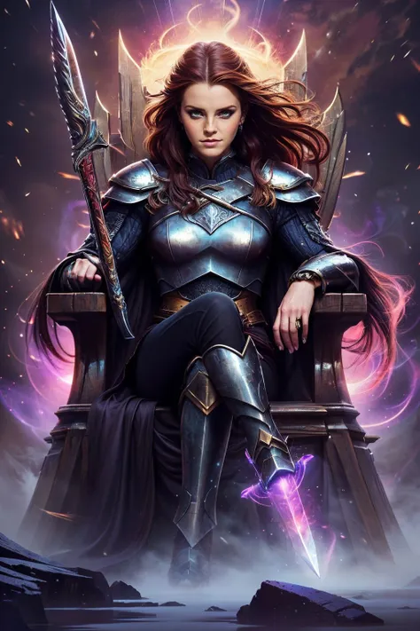 a realistic digital painting of (Emma Watson:1.0), Envision a vivid, detailed fantasy RPG portrait of a two-handed warrior, a human female hailing from the grandeur of Pathfinder lore. Embodying strength and beauty, she is clad in full plate armor, adorned with intricate engravings and studded with glistening gemstones. The armor, a work of master craftsmanship, exudes a stern nobility while accentuating her formidable physique.Her weapon, a magnificent two-handed sword, is as striking as it is lethal. The blade, glinting under the subtle light, carries a story in each notch and scratch, speaking volumes about the battles she has fought.Her face under the helm reveals her as more than a simple soldier. Dark, expressive eyes are accentuated by subtly applied dark mascara and a hint of shimmering eyeshadow, giving her a fierce yet endearing look. Her high cheekbones are dusted with a light blush, and her lips, full and firm, carry a shade of resilient crimson that matches the details of her armor.Emulating the styles of Boris Vallejo and Frank Frazetta, combine the stark realism and dynamic compositions of Vallejo with the raw energy and drama of Frazetta's work.The setting is a desolate battlefield at dusk, strewn with the remnants of a recently concluded battle. The warrior stands victorious, her form defiant against a crimson-streaked sky. Her gaze, resolute and distant, hints at the weight of her victories and the toll of her chosen path.Behind her, a setting sun casts long, dark shadows and paints the horizon in hues of deep orange and purple. The contrast between the ethereal sunset and the grim battlefield emphasizes her solitary victory, as well as the stark realities of war.This fantasy RPG portrait should reflect the highest standard of digital artwork, boasting exceptional detail, dramatic lighting, atmospheric composition, and emotive storytelling. Let the final image be a breathtaking ode to the strength and perseverance of the two-handed warrior , Short bob with pearl hairpins: A short bob with pearl hairpins tucked on one side, creating a classy and elegant appearance. wearing (As Ygritte from Game of Thrones Season 2, create a compelling, high-definition 8K artwork. She's in the snow-covered landscapes beyond the Wall, garbed in warm, worn leather and furs that blend with the white of the surroundings. Her fiery red hair pops against the stark landscape, a wooden longbow in hand. The distant peaks, heavy snowfall, and her resolute gaze echo the survivalist nature of the wildlings and her untamed spirit.:1.2) , (Reclining comfortably on a luxury lounge chair, she drapes one arm elegantly along the backrest while the other rests lazily on her midriff. One leg is bent at the knee, creating a dynamic angle. Her eyes are half-closed, conveying a sultry, relaxed mood.:1.1) ,(captivating scene,atmospheric lighting,emotional,beautifully crafted digital painting,epic composition,realistic lighting,DSLR-quality,professional majestic oil painting,global illumination,trending on ArtStation,captivating concept art,unforgettable illustration,iconic and memorable,CG unity,ultra detailed,elegant,Sharp Focus,dramatic lighting,Deviant-art,smooth skin,sharp focus,masterpiece:1.2), <lora:UltraBlackholeTech:0.85>, ulblackholetech, excessive energy, scifi