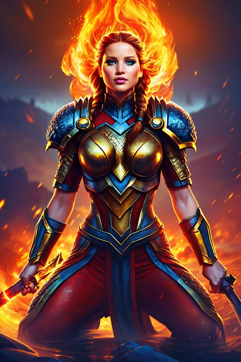 a realistic digital painting of (Jennifer Lawrence:1.0), Amidst a battlefield drowned in flames, a female human Hellknight (photorealistic:1.35) stands resolute, her eyes glowing with an infernal light. Her face, adorned with (harsh, dramatic makeup:1.2), exudes an aura of authority. Encased in her intimidating spiked armor, she commands the power of hellfire in her hands. The blazing battlefield, the chaos of combat, and the Hellknight's intimidating presence capture the relentless discipline of her order , Fishtail braid with gold thread: A long fishtail braid interwoven with gold thread, giving a regal and sophisticated touch to the overall look. wearing (As Laura S. Arseid, the stoic and honorable daughter of Viscount Arseid, set against her ancestral home in Legram, wielding her iconic greatsword, in her Thors Military Academy uniform.:1.2) , (She kneels on one knee, resting her weight on her heel, with her other leg stretched out in front. Her hands rest lightly on her knee, and her head is turned to the side, gazing into the distance.:1.1) ,(octane render,Sharp Focus,vivid colors,ambient occlusion,Photorealistic Painting,realistic,trending on ArtStation,emotional,professional majestic oil painting,elegant,intricate,masterpiece,incredibly detailed,high-resolution,hyper detailed illustration,subsurface scattering,hdr,fantasy art,captivating scene,extremely detailed,intricately designed,gorgeous lighting:1.2), <lora:sxz-wowstyle_v4_50_64:0.85>