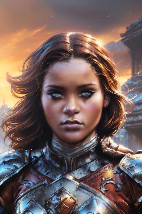 A stunning digital painting of (Rihanna:1.0) by (mtg-art and Oliver Wetter:1.2), A low ponytail with a teased crown, creating a sexy, voluminous look with plenty of movement and bounce. wearing (As Arya Stark in Game of Thrones, clad in her characteristic leather armor, brandishing her sword Needle, set in a medieval-inspired environment like the streets of Braavos or a Winterfell courtyard:1.2) , (One hand rests on her hip and the other is raised high above her head. Her legs are crossed at the ankles and she looks confidently off to one side.:1.1) ,(highly detailed,lifelike textures,emotional,ambient occlusion,vibrant high contrast,trending on ArtStation,captivating concept art,cinematic lighting,masterpiece,unreal engine,4k quality,epic composition,Beautifully realistic,ethereal,realistic lighting,high-resolution,atmospheric lights,award winning,smooth skin,Photorealistic Painting,incredibly detailed,award-winning digital painting,An inspiring, ultra-high-resolution image:1.2), <lora:jimLeeDCComicsMarvel_offset:0.85>, jim lee