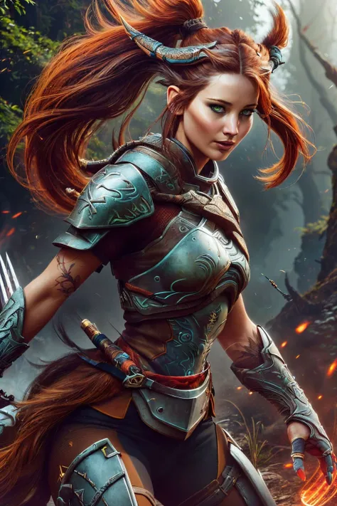 A stunning digital painting of (Jennifer Lawrence:1.0) by (lord of the rings and Luis Royo:1.2), Sleek, high ponytail with a sharp center part that highlights the curve of the neck. wearing (As Aloy from Horizon Zero Dawn, donning her hunter's outfit crafted from animal skins and machine parts, equipped with her trusty bow and quiver of arrows. She stealthily navigates through the dense foliage of a lush forest, preparing to take down her mechanical prey with skill and precision.:1.2) , (An action shot where she appears to be in flight. Arms spread wide, her body parallel to the ground. Her face is focused, showing a powerful concentration.:1.1) ,(captivating concept art,iconic and memorable,Photorealistic Painting,vivid colors,cinematic lighting,concept art,emotional,striking contrast,masterful artwork,award-winning digital painting,gorgeous lighting,award winning,CG unity,8k,Dramatic,8k wallpaper,vibrant high contrast,trending on ArtStation,cinematic,epic composition,hdr,high detailed,epic fantasy character art,super realistic:1.2), <lora:DemonicTech:0.85>, demonictech, scifi