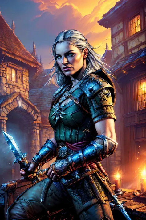 A stunning digital painting of (Emma Stone:1.0) by (Michael Whelan and Keith Parkinson:1.2), Messy bun with a chain hair accessory: A messy bun held together with a thick chain hair accessory, giving off a rebellious and slightly dominant vibe. wearing (As female Geralt in The Witcher, clad in the iconic Witcher armor, wielding a silver sword, set against a backdrop of a medieval fantasy landscape, fighting monsters or navigating a dangerous environment:1.2) , (Leaning on a table or counter, she props her weight on one elbow, her hand partially obscuring her face. Her other arm hangs loosely by her side. The pose exudes an air of casual seduction and playfulness.:1.1) ,(realistic lighting,atmospheric lights,4k,masterpiece,emotional,lifelike textures,professional majestic oil painting,hdr,hyperrealism,vivid colors,sharp focus,iconic and memorable,dramatic lighting,Beautifully realistic,high detailed,epic fantasy character art,highly detailed,ethereal,Dramatic,captivating concept art,extremely detailed,intricately designed,cinematic:1.2), <lora:jimLeeDCComicsMarvel_offset:0.85>, jim lee