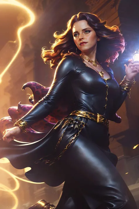 A stunning digital painting of (Emma Watson:1.0) by (Wayne Barlowe and Dorian Cleavenger:1.2), Beachy waves with a slightly tousled, carefree vibe. wearing (A structured black leather dress, cinched at the waist with a gold belt. Paired with stiletto ankle boots, a leopard print clutch, and a chunky gold statement necklace.:1.2) , (She poses as if leaning against a wall, with one leg bent at the knee and her foot resting against the imaginary surface. Her arms are folded, one hand touching her chin thoughtfully. Her gaze is off-camera, lost in thought.:1.1) ,(intricately designed,cinematic lighting,Deviant-art,8k wallpaper,professional majestic oil painting,hdr,4k quality,fantasy art,DSLR-quality,beautifully crafted digital painting,striking contrast,sharp focus,hyperrealism,elegant,gorgeous lighting,hyper detailed illustration,captivating scene,Dramatic,high-resolution,extremely detailed,incredibly detailed,4k:1.2), <lora:comicdiffusion_Lora300:0.85>, holliemengert artstyle