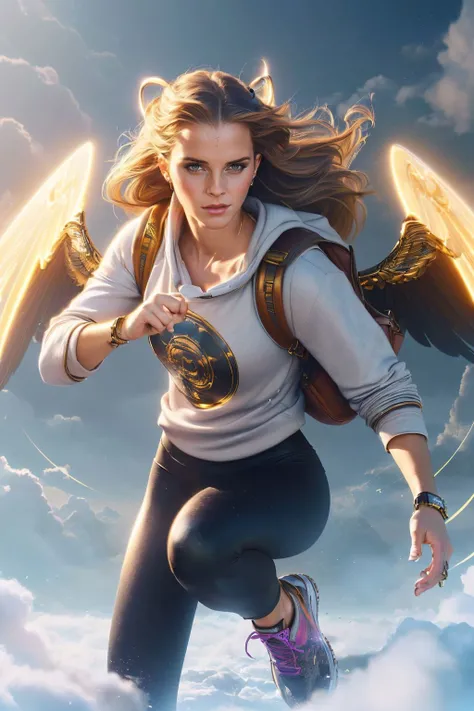 A stunning digital painting of (Emma Watson:1.0) by (Michael Whelan and Joe Gilronan:1.2), Loose, beachy waves with a deep side part, framing the face and cascading down the shoulders in a wild, untamed look. wearing (A simple grey sweatshirt paired with black athletic leggings. Complemented with a pair of comfortable running shoes, a small sporty backpack, and wireless earbuds for a chic, athleisure style.:1.2) , (A dynamic standing pose where she bends forward slightly, resting her hands on her knees. Her eyes meet the camera with a playful, daring expression. This pose is energetic and assertive.:1.1) ,(extremely detailed,global illumination,Beautifully realistic,Deviant-art,DSLR-quality,Sharp Focus,masterpiece,elegant,emotional,award winning,8k,captivating concept art,epic composition,captivating scene,super realistic,A mesmerizing, hyper-realistic portrayal,unforgettable illustration,lifelike textures,smooth skin,high detailed,epic fantasy character art,incredibly detailed,8k wallpaper:1.2), <lora:BlessedTech:0.85>, blessedtech, blessed, aura