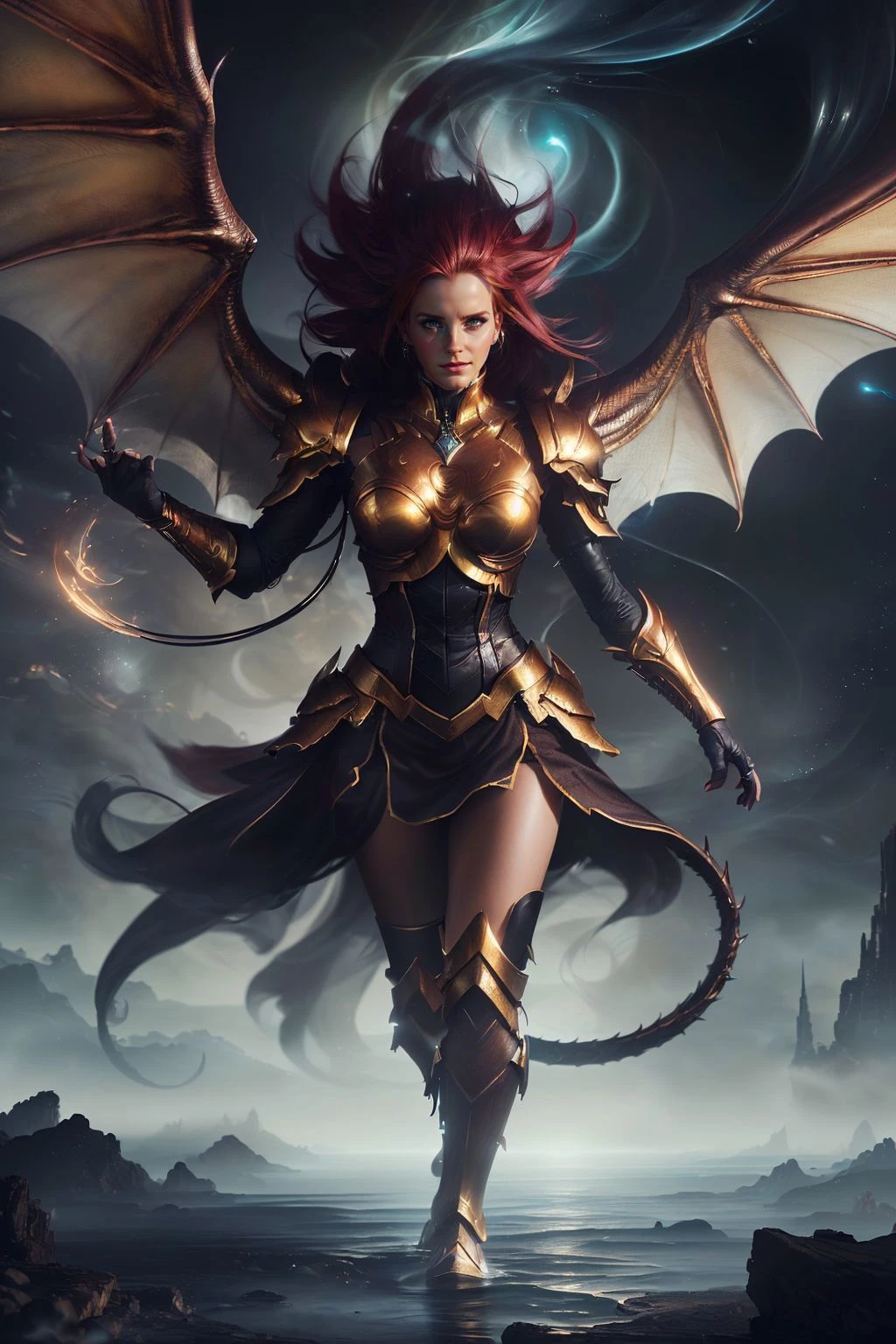 a realistic digital painting of (Emma Watson:1.0), Amid the craggy peaks of a towering mountain range, a female human Gold Dragon (photorealistic:1.35) watches over her protected realm. Her face, bedecked with (golden, majestic makeup:1.2), mirrors her dragon-born wisdom. She stands regally, mighty wings extended, commanding a breath-taking dragonflight. Her majestic presence and merciful heart depict the guardian spirit of her mythic path , A voluminous, layered style with plenty of body and movement, styled in loose waves that frame the face. wearing (As Erza Scarlet from Fairy Tail, in her iconic Heart Kreuz armor, with her magical weapon changing cabinet in the background:1.2) , (Leaning against a wall, she crosses her legs at the ankle. One arm hangs naturally at her side, while the other bends at the elbow, with her hand touching her chin in a thoughtful pose. Her gaze is directed off-camera, creating a strong, independent image.:1.1) ,(Beautifully realistic,unreal engine,captivating scene,volumetric lighting,extremely detailed,Sharp Focus,realistic,subsurface scattering,8k,high-resolution,masterful artwork,unforgettable illustration,realistic lighting,Deviant-art,epic composition,octane render,high detailed,epic fantasy character art,best quality,cinematic,atmospheric lights,super realistic,hyperrealism:1.2), <lora:comicdiffusion_Lora300:0.85>, andreasrocha artstyle