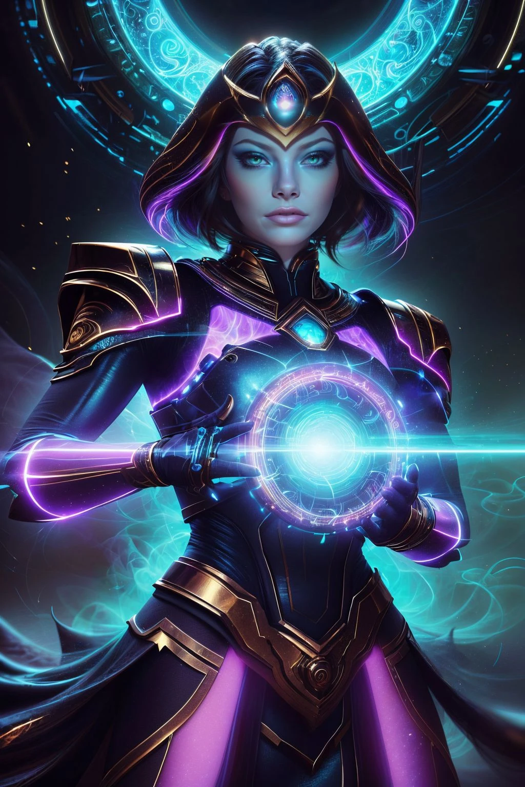 a realistic digital painting of (Emma Stone:1.0), In the sands of a timeless realm, a female human, representing an immaterial force akin to Anubis (photorealistic:1.35), balances the scales of life and death. Her stern face, marked by (mystical, timeless makeup:1.2), echoes her eternal duty. She wields a staff etched with (glowing ancient symbols:1.2), standing as the judge of souls. The timeless realm and her godly bearing capture her divine authority , Beachy waves with a slightly tousled, carefree vibe. wearing (As female Teal'c from Stargate SG-1, conceive a captivating piece in stunning 8K quality. Dress her in the traditional Jaffa warrior garb, complete with golden emblem and staff weapon. Place her in the training room at the SGC, engaged in a fierce training session. The vivid colors and attention to detail will create a truly powerful representation of this formidable character.:1.2) , (She stands tall, one foot slightly in front of the other for balance. Both arms are stretched wide, exuding confidence. Her gaze is directed upward, symbolizing ambition and aspiration.:1.1) ,(striking contrast,concept art,ethereal,intricately designed,A mesmerizing, hyper-realistic portrayal,global illumination,hyperrealism,best quality,lifelike textures,fantasy art,Dramatic,Photorealistic Painting,masterpiece,unforgettable illustration,dramatic lighting,atmospheric lights,trending on ArtStation,realistic lighting,award-winning digital painting,cinematic lighting,cinematic,atmospheric lighting:1.2), <lora:GlassTech:0.85>, glasstech, transparent, scifi