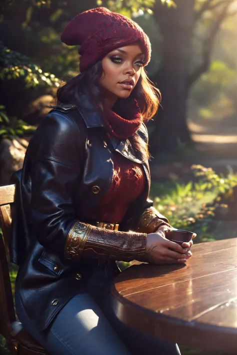 a realistic digital painting of (Rihanna:1.0), In the heart of a vast, lush forest, a female human Ranger (photorealistic:1.35) watches from the shadows. Her face, featuring (natural, earth-toned makeup:1.2), blends into the forest hues. She holds a drawn bow, her eyes locked onto unseen prey. The sprawling forest, the lurking predators, and the Ranger's stealthy readiness echo the wild essence of her class , A retro-inspired bouffant style with hair teased high at the crown and styled in loose curls at the ends. wearing (A classic black pea coat worn over a red knit sweater and dark wash jeans. Completed with black leather boots and a matching black beanie.:1.2) , (She sits at a table, one hand propping up her chin, with her elbow resting on the table. The other hand holds a prop, such as a coffee cup or book. Her eyes meet the camera in a direct and confident gaze.:1.1) ,(iconic and memorable,4k quality,fantasy art,best quality,8k wallpaper,professional majestic oil painting,incredibly detailed,elegant,An inspiring, ultra-high-resolution image,unforgettable promo image,high detailed,epic fantasy character art,smooth skin,8k,volumetric lighting,concept art,masterful artwork,unreal engine,vibrant high contrast,trending on ArtStation,striking contrast,hyperrealism,extremely detailed,CG unity:1.2), <lora:InfraBlackholeTech:0.85>, inblackholetech, excessive energy, scifi