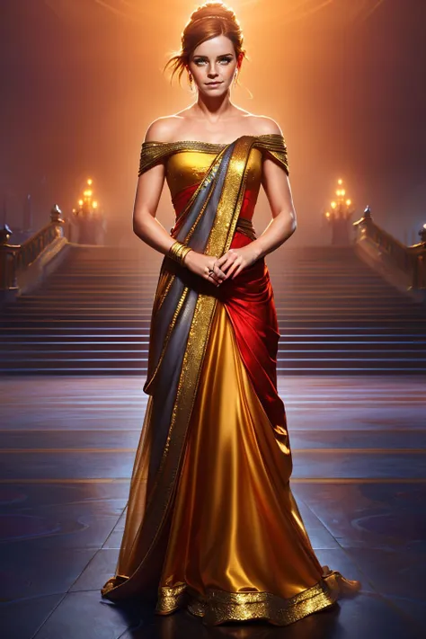A stunning digital painting of (Emma Watson:1.0) by (Keith Parkinson and Charles Vess:0.8), Fishtail braid with gold thread: A long fishtail braid interwoven with gold thread, giving a regal and sophisticated touch to the overall look. wearing A crimson silk gown, fitted at the waist and flowing down to a floor-length hem. The dress features an off-the-shoulder neckline with delicate lace detailing, evoking timeless elegance and charm. , (She stands with one foot slightly in front of the other, shifting her weight onto her back foot. Her arms are crossed lightly over her chest, and her head is tilted in a thoughtful pose. She gazes directly at the camera with a slight, enigmatic smile.:1.1) ,(fantasy art,extremely detailed,striking contrast,unforgettable promo image,gorgeous lighting,high-resolution,Photorealistic Painting,unforgettable illustration,masterful artwork,highly detailed,CG unity,volumetric lighting,hyperrealism,captivating scene,realistic lighting,cinematic lighting,hdr,unreal engine,masterpiece,Dramatic,sharp focus,ambient occlusion:1.2), <lora:contact:0.85>