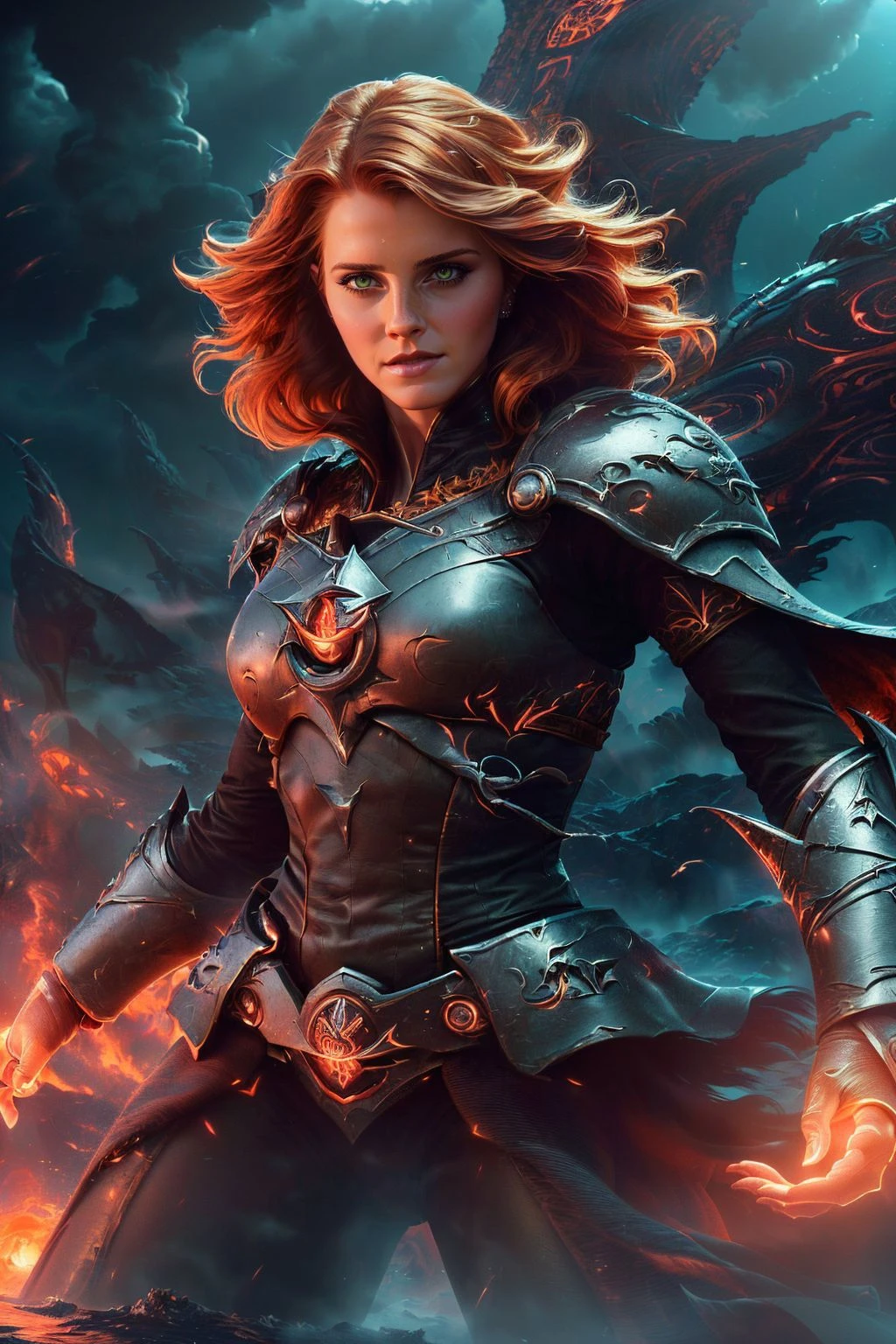 A stunning digital painting of (Emma Watson:1.0) by (Charles Vess and Michael Whelan:1.2), extremely long wavy messy hair wearing (As Cerys an Craite, in a breathtaking, high-resolution artwork, capture her in her Skelligan warrior gear, her fiery hair loose and wild in the sea wind. Place her on the deck of a longship, the immense sea in the backdrop, embodying her spirit as the queen of the isles.:1.2) , (In a dynamic power pose, she stands with her feet wide apart, one hand balled into a fist and thrust into the air. Her other hand rests on her hip, and she looks directly at the camera, her expression fierce and strong.:1.1) ,(masterpiece,professional majestic oil painting,8k quality,unforgettable illustration,captivating scene,vivid colors,super realistic,CG unity,masterful artwork,Sharp Focus,Deviant-art,realistic lighting,atmospheric lighting,8k,intricate,unforgettable promo image,striking contrast,volumetric lighting,octane render,extremely detailed,ambient occlusion,cinematic:1.2), <lora:InfraBlackholeTech:0.85>, inblackholetech, excessive energy, scifi