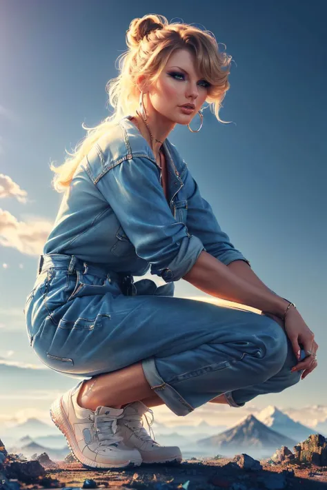 A stunning digital painting of (Taylor Swift:1.0) by (Michael Whelan and Oliver Wetter:1.2), A messy bun with loose strands framing the face for a casual, sexy look. wearing A relaxed fit denim jumpsuit layered over a simple white tee. Paired with white sneakers and a vibrant red shoulder bag for a pop of color. The outfit is completed with a delicate pendant necklace and hoop earrings. , (A squat position. She stands with feet shoulder-width apart, sinking into a squat with her hands held together in front of her. Her back is straight, and her gaze is forward, showing strength and resilience.:1.1) ,(ambient occlusion,unforgettable promo image,ultra detailed,atmospheric lights,trending on ArtStation,lifelike textures,extremely detailed,ethereal,epic composition,vibrant high contrast,trending on ArtStation,volumetric lighting,concept art,smooth skin,striking contrast,hyper detailed illustration,cinematic,elegant,8k,hyperrealism,hdr,best quality,intricate:1.2), <lora:Luis Royo and Woman v.2:0.85>