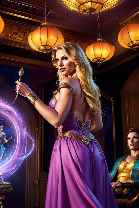 a realistic digital painting of (Taylor Swift:1.0), In the throes of a decadent courtroom, a female human Devil (photorealistic:1.35) holds court, her words as sharp as a devil's fork. Her cunning face, accentuated by (dark, sophisticated makeup:1.2), reveals her expertise in temptation and manipulation. She holds a scepter of corruption, her legion of fiends bowing to her command. Her royal presence reflects the despotic nature of her mythic path , A high, messy bun with strands artfully teased to create a sexy, tousled effect. wearing (As Rapunzel from Tangled, paint a captivating masterpiece showcasing her in the lantern-filled night sky. In her lavender dress, with her long, glowing hair flowing around her, she sails in the small boat with Flynn. The warm light from thousands of lanterns illuminating the night sky and Rapunzel's joy make this high-resolution image a magical, enchanting spectacle.:1.2) , (She stands with her back to the camera, looking over her shoulder with a smoky gaze. Her body is slightly twisted, creating a curve that starts from her shoulders, down her spine, and ends at her hips. This pose is alluring, highlighting her figure while leaving room for the viewer's imagination.:1.1) ,(epic composition,concept art,incredibly detailed,global illumination,award winning,dramatic lighting,high detailed,epic fantasy character art,intricate,A mesmerizing, hyper-realistic portrayal,ultra detailed,subsurface scattering,fantasy art,8k quality,lifelike textures,unreal engine,iconic and memorable,4k quality,captivating concept art,award-winning digital painting,sharp focus,8k,smooth skin:1.2), <lora:UltraBlackholeTech:0.85>, ulblackholetech, excessive energy, scifi