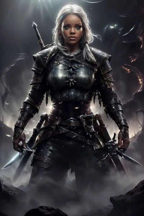 A stunning digital painting of (Rihanna:1.0) by (Joe Gilronan and Wayne Barlowe:1.2), Braided pigtails with black ribbons: Long, thick pigtails braided neatly and tied at the end with black ribbons, framing the face and emphasizing innocence. wearing (As female Geralt in The Witcher, clad in the iconic Witcher armor, wielding a silver sword, set against a backdrop of a medieval fantasy landscape, fighting monsters or navigating a dangerous environment:1.2) , (Standing tall, she crosses her arms over her chest. Her feet are shoulder-width apart and she stares directly into the camera, her gaze is strong and determined.:1.1) ,(atmospheric lights,4k quality,dramatic lighting,vivid colors,CG unity,Sharp Focus,atmospheric lighting,An inspiring, ultra-high-resolution image,concept art,emotional,hyper detailed illustration,ethereal,realistic,smooth skin,sharp focus,fantasy art,trending on ArtStation,vibrant high contrast,trending on ArtStation,incredibly detailed,octane render,Deviant-art,unreal engine:1.2), <lora:OpticalTech:0.85>, opticaltech, optical fibers, inner glow
