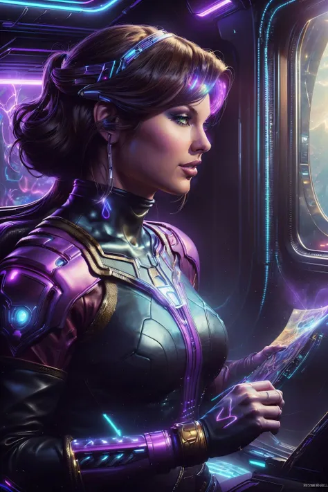 A stunning digital painting of (Taylor Swift:1.0) by (Roger Dean and Wayne Barlowe:1.2), Short bob with pearl hairpins: A short bob with pearl hairpins tucked on one side, creating a classy and elegant appearance. wearing (As Female Panam Palmer from Cyberpunk 2077, create a stunning high-resolution piece of digital art. The scene unfolds in her caravan, the interior bathed in the soft glow of numerous screens and monitors. Dressed in her casual desert gear, she's pouring over the map spread out in front of her, a look of intense focus on her face. The atmospheric lighting, the meticulous detailing of the caravan's interior, and Panam's dedicated expression all contribute to the sense of anticipation.:1.2) , (A defensive stance, her body turned slightly sideways. One arm is up to guard, the other pulled back, ready to counter. She looks off to the side, her gaze intense and watchful.:1.1) ,(high detailed,epic fantasy character art,highly detailed,intricate,emotional,super realistic,ambient occlusion,ultra detailed,sharp focus,cinematic,masterpiece,8k wallpaper,octane render,realistic lighting,volumetric lighting,best quality,epic composition,atmospheric lighting,vibrant high contrast,trending on ArtStation,Deviant-art,Photorealistic Painting,4k quality,Beautifully realistic:1.2), <lora:comicdiffusion_Lora300:0.85>, pepelarraz artstyle