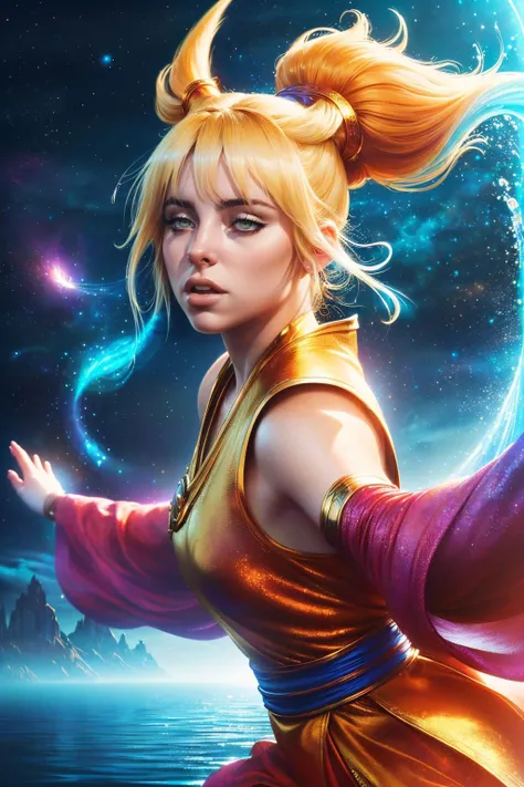 A stunning digital painting of (Billie Eilish:1.0) by (Charles Vess and Moebius:1.2), Space buns with glitter hair gel Two high buns styled with glitter hair gel, giving a playful and youthful vibe to the look. wearing (As Yuna from Final Fantasy X, design a stunning 8K digital piece of her performing the Sending at Kilika Port. Her flowing robes swirl around her in the water, her arms raised in an intricate dance. Her focused expression, the shimmering water, the solemn gathering of onlookers, and the ascending pyreflies make a compelling portrayal of her duty as a summoner.:1.2) , (Her body is angled to the side, but she turns her torso to face the camera directly. One hand is placed on her hip, the other reaching out to the side. Her gaze is piercing and powerful.:1.1) ,(professional majestic oil painting,cinematic lighting,extremely detailed,hyperrealism,4k,Beautifully realistic,unforgettable promo image,8k wallpaper,vibrant high contrast,trending on ArtStation,8k,realistic lighting,atmospheric lights,hdr,iconic and memorable,8k quality,gorgeous lighting,4k quality,lifelike textures,striking contrast,A mesmerizing, hyper-realistic portrayal,high detailed,epic fantasy character art,elegant:1.2), <lora:AntimatterTech:0.55>, antitech, scifi, pure energy
