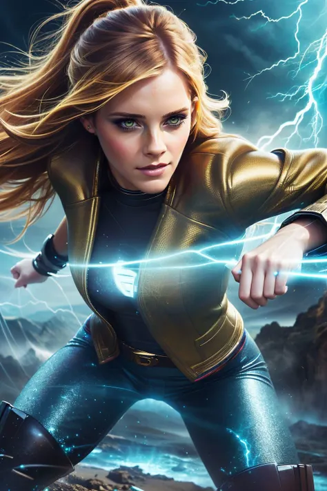 a realistic digital painting of (Emma Watson:1.0), Standing amidst a raging storm, a female human Kineticist (photorealistic:1.35) displays her raw elemental power. Her face, highlighted with (vibrant, energetic makeup:1.2), matches the wild force she commands. Her hands, channeling intense electricity, radiate an aura of pure energy. The storm's ferocity, the electrified atmosphere, and the Kineticist's confident stance portray the essence of her class  , Sleek, high ponytail with a sharp center part that highlights the curve of the neck. wearing (As female Butters Stotch, envision a vibrant, high-quality masterpiece. She is in her cheerful bedroom, clad in her light green jacket and blue pants, her golden hair neatly combed. Surrounded by her favorite toys, her innocent smile contrasts with her often unfortunate experiences, capturing the character's unyielding optimism amidst the show's cynicism.:1.2) , (She sits on a chair, leaning forward, elbows resting on her knees. Her hands are clasped in front of her, showing off her assertiveness. She looks directly at the camera, her gaze is captivating and strong.:1.1) ,(realistic,Dramatic,octane render,epic composition,intricately designed,vibrant high contrast,trending on ArtStation,cinematic,hdr,4k quality,gorgeous lighting,Sharp Focus,lifelike textures,iconic and memorable,best quality,A mesmerizing, hyper-realistic portrayal,smooth skin,Beautifully realistic,unforgettable illustration,8k,ultra detailed,high detailed,epic fantasy character art,Deviant-art:1.2), <lora:AntimatterTech:0.85>, antitech, scifi, pure energy