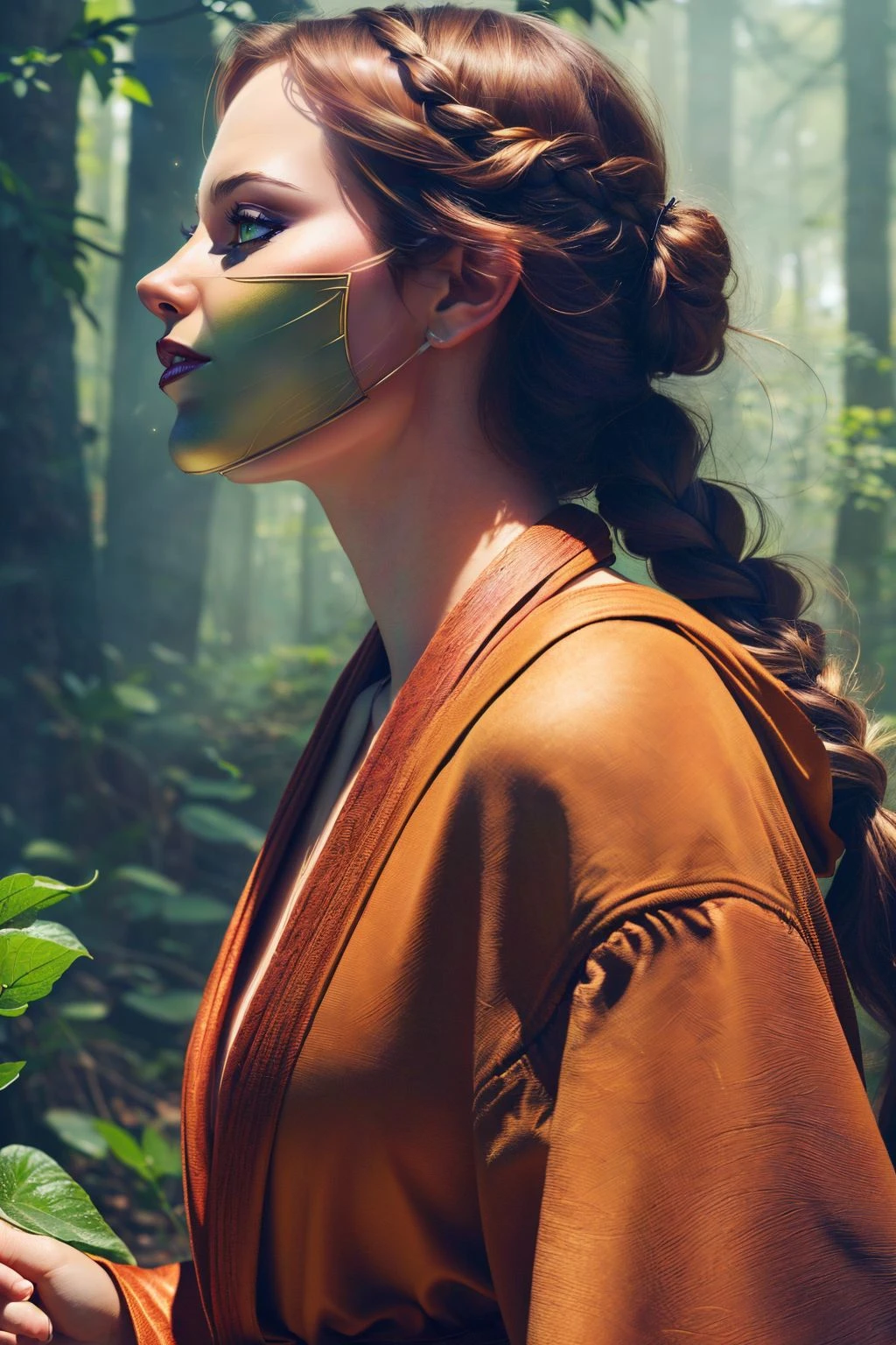 a realistic digital painting of (Emma Stone:1.0), In the heart of an untouched forest, a female human Druid is seen (photorealistically:1.35) harmonizing with nature. Adorned with (natural, earth-toned makeup:1.2), she stands with her staff, surrounded by forest creatures. The greenery around her seems to respond to her magic, growing more vibrant. The wild environment, the fauna, and the Druid's unity with nature together form a serene image , French braids with barrettes: Double French braids held together with gold barrettes, creating a chic and trendy look. wearing (As Female Scarecrow, design a terrifying artwork in 8K quality. Clad in a tattered robe and a straw mask, she's seen concocting fear toxin in her lab. The eerie green glow of the chemicals illuminating her mask creates a scene that is hauntingly beautiful and utterly memorable.:1.2) , (Leaning against a wall, she crosses her legs at the ankle. One arm hangs naturally at her side, while the other bends at the elbow, with her hand touching her chin in a thoughtful pose. Her gaze is directed off-camera, creating a strong, independent image.:1.1) ,(intricate,smooth skin,hyperrealism,dramatic lighting,captivating scene,unreal engine,trending on ArtStation,Sharp Focus,A mesmerizing, hyper-realistic portrayal,epic composition,volumetric lighting,An inspiring, ultra-high-resolution image,best quality,super realistic,ambient occlusion,8k,unforgettable promo image,ethereal,beautifully crafted digital painting,vivid colors,extremely detailed,unforgettable illustration:1.2), <lora:Luis Royo and Woman v.2:0.55>