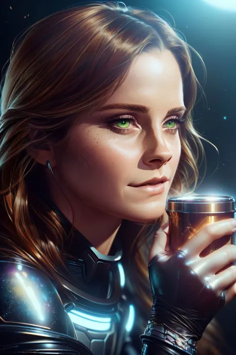 A stunning digital painting of (Emma Watson:1.0) by (ZdzisBaw BeksiDski and Darek Zabrocki:1.2), A short, choppy bob with plenty of texture and layers, styled in a sexy and edgy look that highlights the cheekbones and jawline. wearing (As Sarah Kerrigan from StarCraft in her ghost outfit, illustrate her in a relaxed pose against the backdrop of a moonlit futuristic cityscape. The ghost suit's sophisticated design and technology are highlighted, and the artwork is brought to life by her confident smirk, indicating the calm before the storm. This image will make a stunning, detail-rich, and critically acclaimed addition to any art collection.:1.2) , (She sits at a table, one hand propping up her chin, with her elbow resting on the table. The other hand holds a prop, such as a coffee cup or book. Her eyes meet the camera in a direct and confident gaze.:1.1) ,(fantasy art,highly detailed,8k wallpaper,trending on ArtStation,8k quality,Beautifully realistic,global illumination,beautifully crafted digital painting,realistic,A mesmerizing, hyper-realistic portrayal,Deviant-art,sharp focus,vibrant high contrast,trending on ArtStation,Photorealistic Painting,award winning,elegant,captivating concept art,masterpiece,emotional,incredibly detailed,CG unity,iconic and memorable:1.2), <lora:OpticalTech:0.55>, opticaltech, optical fibers, inner glow