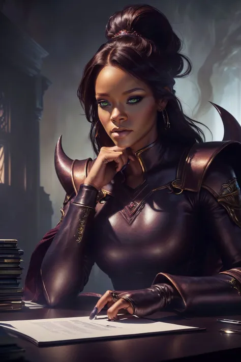 A stunning digital painting of (Rihanna:1.0) by (Charles Vess and Wayne Barlowe:1.2), Sleek, high ponytail with a sharp center part that highlights the curve of the neck. wearing (As Towa Herschel, the caring and hardworking Student Council president, set in the busy Student Council office, surrounded by paperwork, dressed in her Thors Military Academy uniform.:1.2) , (She sits at a table, one hand propping up her chin, with her elbow resting on the table. The other hand holds a prop, such as a coffee cup or book. Her eyes meet the camera in a direct and confident gaze.:1.1) ,(8k wallpaper,8k quality,subsurface scattering,smooth skin,highly detailed,elegant,emotional,Deviant-art,hyper detailed illustration,high detailed,epic fantasy character art,professional majestic oil painting,atmospheric lighting,best quality,DSLR-quality,global illumination,super realistic,sharp focus,ultra detailed,Photorealistic Painting,atmospheric lights,extremely detailed,captivating concept art:1.2), <lora:VampiricTech:0.85>, vamptech, vampiric