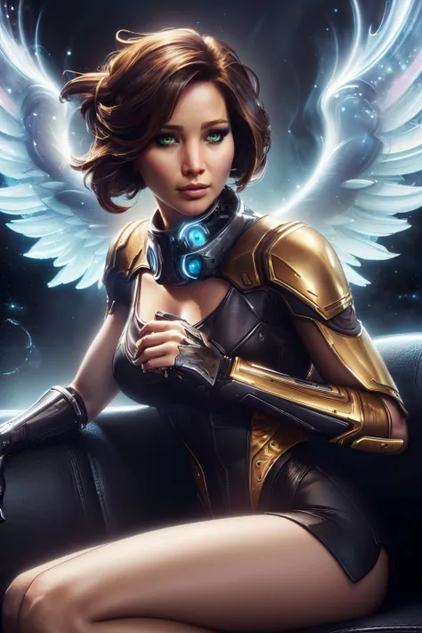 A stunning digital painting of (Jennifer Lawrence:1.0) by (Syd Mead and Keith Parkinson:1.2), Fishtail braid with gold thread: A long fishtail braid interwoven with gold thread, giving a regal and sophisticated touch to the overall look. wearing (As Angel from Borderlands 2, create a haunting, highly detailed 8k quality artwork of her confined within her control core, surrounded by holographic interfaces. The artwork will evoke the character's tragic fate and pivotal role in the game, resulting in a moving, universally admired masterpiece.:1.2) , (She's sitting with her legs folded beneath her on a plush couch. One arm drapes over the back of the sofa while the other languidly holds a long-stemmed rose or a glass of champagne. Her eyes hold a soft, romantic, and enchanting gaze that invites the viewer into her world.:1.1) ,(captivating concept art,masterful artwork,An inspiring, ultra-high-resolution image,professional majestic oil painting,unreal engine,highly detailed,Dramatic,emotional,unforgettable illustration,elegant,cinematic lighting,Sharp Focus,trending on ArtStation,iconic and memorable,best quality,cinematic,ambient occlusion,sharp focus,ultra detailed,intricately designed,gorgeous lighting,award-winning digital painting:1.2), <lora:GlassTech:0.85>, glasstech, transparent, scifi