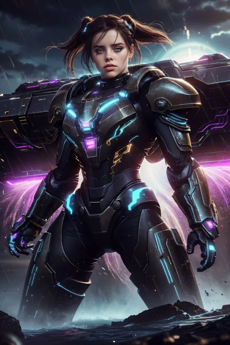 a realistic digital painting of (Billie Eilish:1.0), Within the confines of a storm-ridden fortress, a female human Stalwart Defender (photorealistic:1.35) protects her bastion. Her face, marked by (bold, battle-ready makeup:1.2), signifies her unyielding spirit. She grips her fortified shield, standing resolute against the relentless onslaught. The besieged fortress, the relentless storm, and the Defender's unyielding stance depict the fortified spirit of her class  , A slicked-back low bun that emphasizes the curve of the neck and jawline, with the hair styled to look wet. wearing (As female Jim Raynor, craft an awe-inspiring, highly detailed artwork set in the heart of the Koprulu sector. She's clad in a terran marine power suit, its rugged, metallic armor gleaming under the alien sun. Her steely gaze is fixed on the distant horizon, a reflection of her unwavering determination. The intricate, 8K-quality masterpiece showcases her as a beacon of hope in a war-torn galaxy.:1.2) , (She stands with one foot slightly in front of the other, shifting her weight onto her back foot. Her arms are crossed lightly over her chest, and her head is tilted in a thoughtful pose. She gazes directly at the camera with a slight, enigmatic smile.:1.1) ,(hyperrealism,masterpiece,octane render,iconic and memorable,emotional,vivid colors,unforgettable promo image,high detailed,epic fantasy character art,trending on ArtStation,cinematic,8k wallpaper,volumetric lighting,Beautifully realistic,award winning,intricately designed,8k quality,An inspiring, ultra-high-resolution image,best quality,highly detailed,striking contrast,DSLR-quality,gorgeous lighting:1.2), <lora:Luis_Royo_v1:0.85>