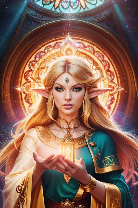 a realistic digital painting of (Taylor Swift:1.0), Visualize a masterfully detailed fantasy RPG portrait of a human female cleric from the universe of Pathfinder. She is an embodiment of compassionate healing, her demeanor serene and hopeful, her gaze tender and comforting.Her face is subtly highlighted by natural makeup, a faint shimmer on her eyelids enhancing her clear, compassionate gaze. A soft blush graces her cheeks, accentuating her warm smile. The light from her divine magic adds a gentle glow to her visage, lending her an ethereal beauty.Clothed in a vibrant robe embroidered with symbols of her deity, she holds a holy symbol in one hand while the other is extended in a healing gesture, a soft, radiant light emanating from her palms, hinting at her healing prowess. Her robe should shimmer with an iridescent sheen, reflecting the purity of her purpose.The art style should be a harmonious blend of the aesthetics of Sandara and Kinuko Y. Craft, combining the former's vibrant, otherworldly aura with the latter's meticulous attention to intricate details.She is positioned in a cathedral of healing, the ambient glow from the stained glass windows illuminating the holy place with a celestial hue. In the background, rows of pews, intricate arches, and sculptures of divine figures cast in warm, radiant light contribute to the sacred atmosphere.The portrait should excel in digital painting, capturing the interplay of divine light and shadow, the mesmerizing hues of the cathedral, and the compassionate aura of the cleric. The composition as a whole should articulate the cleric's divine connection, the sacredness of her environment, and her commitment to healing , A bold, colorful wig that pops against the skin tone and adds a playful, unexpected twist to the overall look wearing (As female Link from The Legend of Zelda, in a green tunic, against the backdrop of Hyrule:1.2) , (The model gracefully lounges on the floor, with one leg stretched out and the other bent, elbow resting on the bent knee, with her hand supporting her head. Her gaze is soft, yet mesmerizing.:1.1) ,(captivating concept art,concept art,8k quality,hyper detailed illustration,vibrant high contrast,trending on ArtStation,iconic and memorable,cinematic,sharp focus,professional majestic oil painting,Deviant-art,captivating scene,Sharp Focus,subsurface scattering,Dramatic,octane render,extremely detailed,epic composition,realistic,lifelike textures,dramatic lighting,An inspiring, ultra-high-resolution image,trending on ArtStation:1.2), <lora:Luis_Royo_v1:0.55>