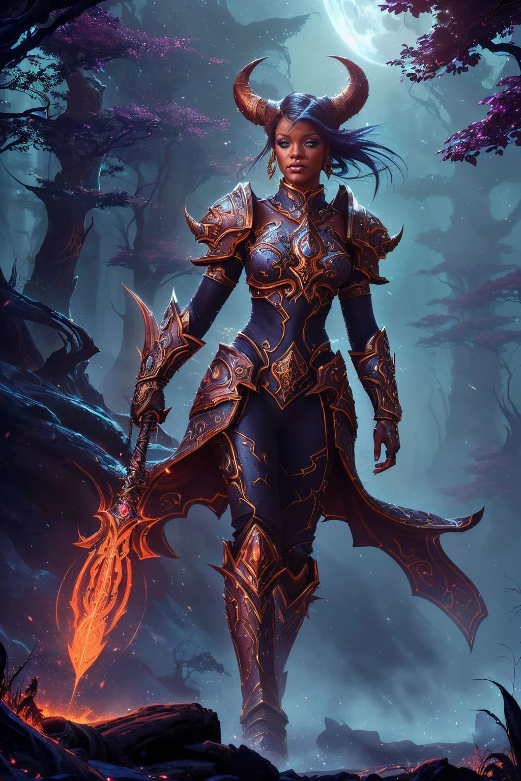 A stunning digital painting of (Rihanna:1.0) by (Raymond Swanland and Syd Mead:1.2), A slicked-back low bun that emphasizes the curve of the neck and jawline, with the hair styled to look wet. wearing (As a Night Elf in World of Warcraft, wearing majestic, ornate armor, standing amidst a mystical, enchanted forest with ancient trees, moonlight filtering through the leaves, holding a glowing staff:1.2) , (She poses as if leaning against a wall, with one leg bent at the knee and her foot resting against the imaginary surface. Her arms are folded, one hand touching her chin thoughtfully. Her gaze is off-camera, lost in thought.:1.1) ,(ethereal,CG unity,elegant,8k wallpaper,trending on ArtStation,epic composition,atmospheric lighting,4k quality,concept art,hdr,An inspiring, ultra-high-resolution image,vivid colors,unforgettable illustration,beautifully crafted digital painting,Beautifully realistic,intricately designed,volumetric lighting,iconic and memorable,sharp focus,4k,masterpiece,intricate:1.2), <lora:sxz-wowstyle_v4_50_64:0.85>