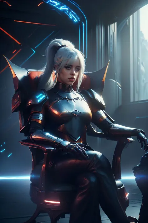 A stunning digital painting of (Billie Eilish:1.0) by (Charles Vess and lord of the rings:1.2), High ponytail with a leather bow: A sleek high ponytail with a black leather bow wrapped around the base, giving a subtle yet edgy touch to the look. wearing (The mechromancer's outfit combines futuristic style with a touch of playfulness.:1.2) , (She sits on a chair, leaning forward, elbows resting on her knees. Her hands are clasped in front of her, showing off her assertiveness. She looks directly at the camera, her gaze is captivating and strong.:1.1) ,(CG unity,global illumination,8k quality,unforgettable illustration,captivating scene,best quality,realistic lighting,trending on ArtStation,professional majestic oil painting,8k wallpaper,4k,subsurface scattering,concept art,Deviant-art,unforgettable promo image,fantasy art,iconic and memorable,octane render,hyper detailed illustration,lifelike textures,Dramatic,ultra detailed:1.2), <lora:DemonicTech:0.55>, demonictech, scifi