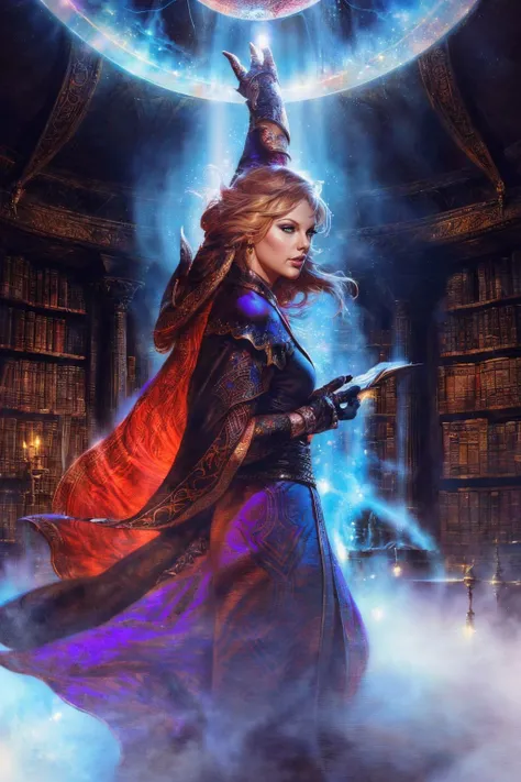 A stunning digital painting of (Taylor Swift:1.0) by (Wayne Barlowe and John Howe:1.2), Long, silky straight hair that falls in a curtain down the back, with a deep side part. wearing (As female Luca Duerr from Shadowrun: Dragonfall, design an extraordinary 8K masterpiece set within a mystic's study. The room is a testament to magical academia, with ancient scrolls scattered about, glowing orbs floating in mid-air, and shelves filled with arcane tomes. Dressed in a robe embellished with esoteric symbols, she's seen chanting an incantation, her hands weaving through complex patterns. The dim light casts eerie shadows, making her silhouette a mesmerizing focal point.:1.2) , (One hand rests on her hip and the other is raised high above her head. Her legs are crossed at the ankles and she looks confidently off to one side.:1.1) ,(8k,intricate,trending on ArtStation,atmospheric lights,DSLR-quality,elegant,award-winning digital painting,realistic,Deviant-art,sharp focus,cinematic,vibrant high contrast,trending on ArtStation,Sharp Focus,iconic and memorable,vivid colors,subsurface scattering,award winning,hyperrealism,ultra detailed,super realistic,An inspiring, ultra-high-resolution image,extremely detailed:1.2), <lora:UltraBlackholeTech:0.85>, ulblackholetech, excessive energy, scifi