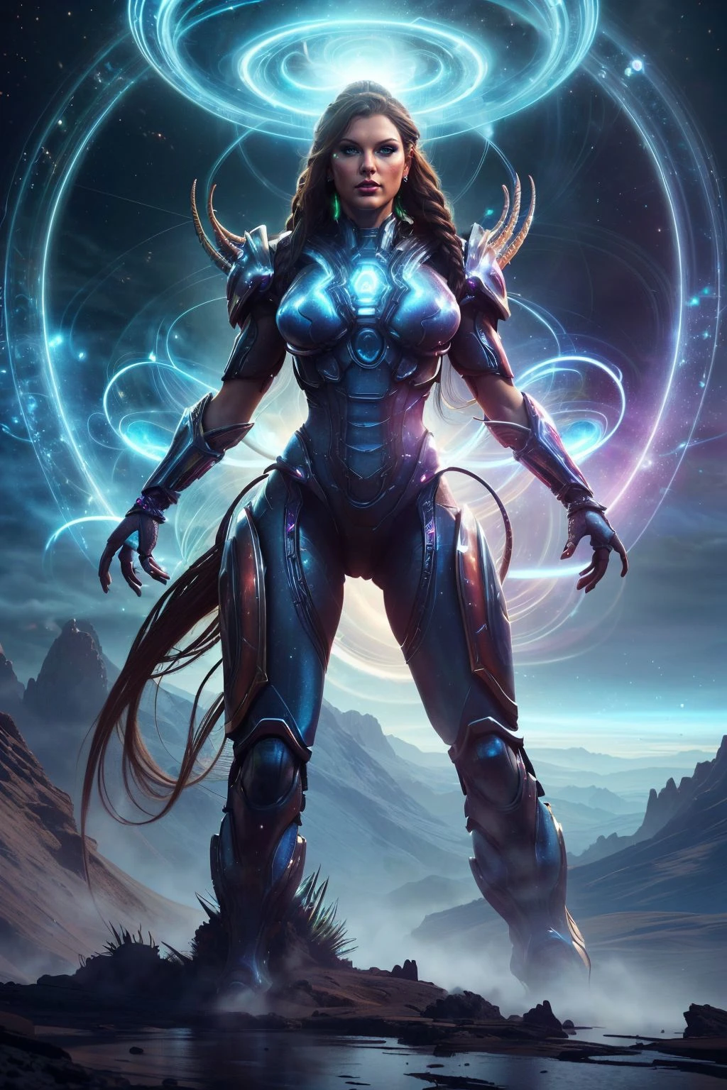 a realistic digital painting of (Taylor Swift:1.0), In an otherworldly landscape, a female human Oracle (photorealistic:1.35) communes with divine powers. Her face, adorned with (mystical, transcendent makeup:1.2), signals her spiritual connection. She gazes at a shimmering pool of visions, her eyes reflecting prophecies untold. The surreal landscape, the divine whispers, and the Oracle's prophetic demeanor evoke the mystery of her class , Braided pigtails with black ribbons: Long, thick pigtails braided neatly and tied at the end with black ribbons, framing the face and emphasizing innocence. wearing (As Sarah Kerrigan, the Queen of Blades from StarCraft, in a post-apocalyptic setting wearing rugged, scavenged armor, leading a group of Zerg through a desolate wasteland:1.2) , (she stands tall and straight, with one foot slightly in front of the other to create a dynamic line. Her hands gently trace the contour of her silhouette, fingertips brushing the sides of her thigh. Her chin is lifted slightly, exuding confidence, and her eyes meet the camera with a mysterious allure.:1.1) ,(extremely detailed,smooth skin,hyper detailed illustration,concept art,award-winning digital painting,elegant,vibrant high contrast,trending on ArtStation,high-resolution,incredibly detailed,beautifully crafted digital painting,Sharp Focus,8k quality,ultra detailed,octane render,cinematic lighting,4k quality,global illumination,fantasy art,professional majestic oil painting,vivid colors,atmospheric lighting,A mesmerizing, hyper-realistic portrayal:1.2), <lora:SomethingUnlimitedV03:0.85>, something unlimited