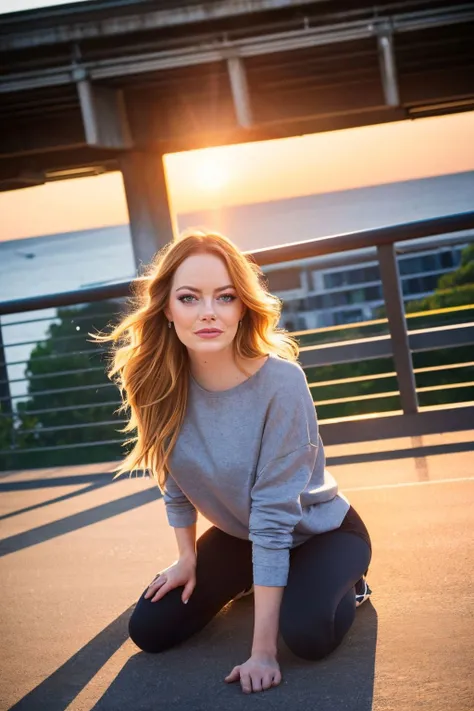 A realistic photograph of (Emma Stone:1.0), Loose, beachy waves with a deep side part, framing the face and cascading down the shoulders in a wild, untamed look. and (Bold, metallic eye shadow with thick, dramatic eyeliner and long, full lashes. This look is bold and dramatic and emphasizes the eyes.:1.0) wearing A simple grey sweatshirt paired with black athletic leggings. Complemented with a pair of comfortable running shoes, a small sporty backpack, and wireless earbuds for a chic, athleisure style. , (She sits on a chair, leaning forward, elbows resting on her knees. Her hands are clasped in front of her, showing off her assertiveness. She looks directly at the camera, her gaze is captivating and strong.:1.1) ,((RAW, DSLR)), sunset photo, golden hour, (High Angle Shot,:1.2) f/1.4 aparture, 250mm focal length,