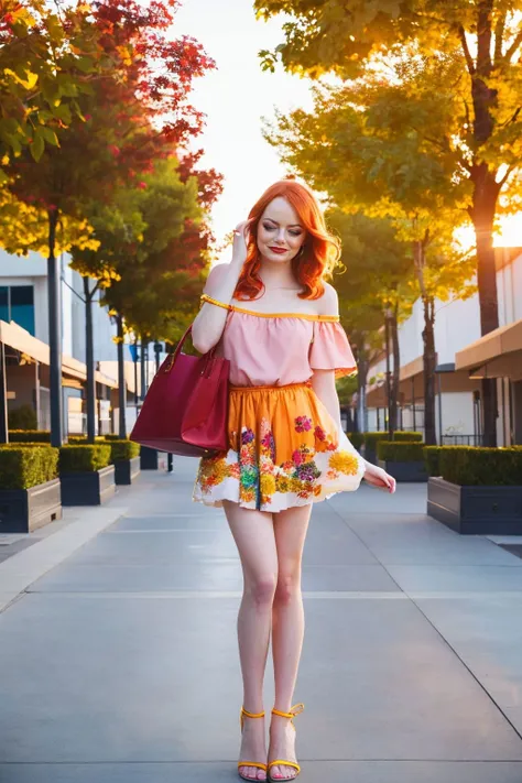 A realistic photograph of (Emma Stone:1.1), A bold, colorful wig that pops against the skin tone and adds a playful, unexpected twist to the overall look and (Bold, bright lipstick with minimal eye makeup. This look is daring and creates a bold, confident appearance.:1.0) wearing From Mexico, a white, flowy, off-the-shoulder blouse paired with a vibrant, embroidered skirt. Paired with leather huarache sandals and a colorful tote bag. , (A yoga tree pose. She balances on one leg, the other bent at the knee with foot resting on the inner thigh of the standing leg. Hands meet at the center of her chest in a prayer position. Her eyes are closed, and she exudes a sense of calm.:1.1) ,((RAW, DSLR)), sunset photo, golden hour, (Eye Level Shot,:1.2) f/8 aparture, 15mm focal length,