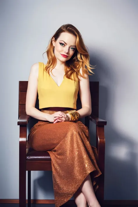A realistic photograph of (Emma Stone:1.0), Short, choppy layers framing the face, with a bold, asymmetrical fringe. and (Heavy, smoky eye makeup with bold, bright lipstick. This look creates a sultry, seductive appearance and emphasizes the eyes and lips.:1.0) wearing Influenced by Brazilian casual style, a bright, cropped top paired with a flowing, high-waisted maxi skirt. Paired with strappy sandals and a fringe beach bag. , (She sits on an unseen chair, legs crossed at the ankles. Her hands rest on her lap and she leans slightly forward, engaging with the camera. Her expression is friendly and approachable, with a warm smile.:1.1) ,((RAW, analog style)), haze, halation, bloom, dramatic atmosphere, centred, rule of thirds, (Eye Level Shot,:1.2) f/5.6 aparture, 60mm focal length,