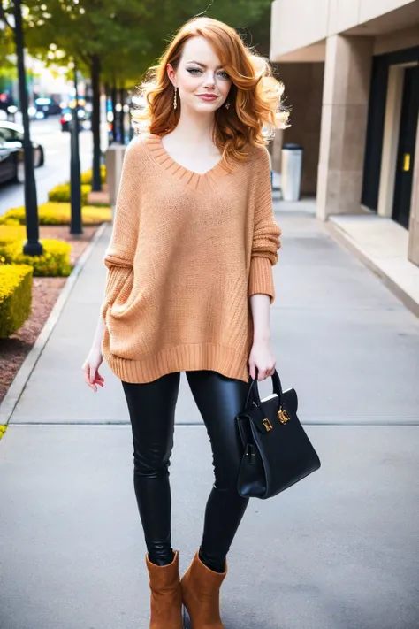A realistic photograph of (Emma Stone:1.1), Thick, voluminous curls that cascade down the back in a glamorous Hollywood style. and (Short, spiky fake lashes with a bold, colorful eye shadow and a matte lip. This look is playful and eye-catching.:1.0) wearing An oversized beige knit sweater tucked into black leather leggings. Paired with chunky ankle boots and a small black backpack. A simple yet chic outfit for cooler days. , (She stands tall, one foot slightly in front of the other for balance. Both arms are stretched wide, exuding confidence. Her gaze is directed upward, symbolizing ambition and aspiration.:1.1) ,((RAW, DSLR)), bloom, god rays, hard shadows, (Overhead Shot,:1.2) f/8 aparture, 1000mm focal length,