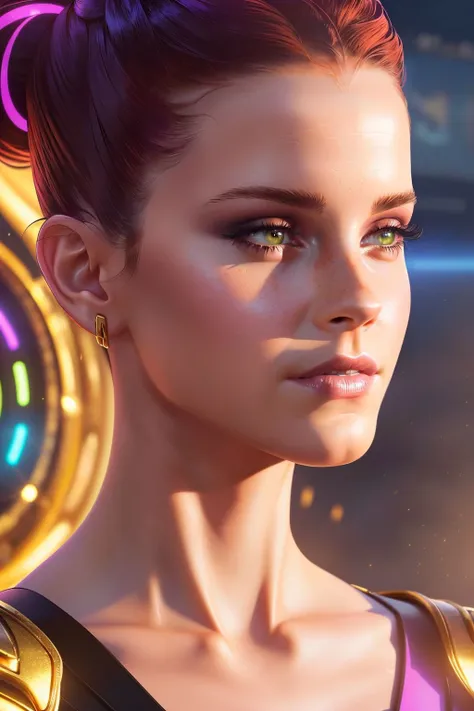 a realistic digital painting of (Emma Watson:1.0), Amid the craggy peaks of a towering mountain range, a female human Gold Dragon (photorealistic:1.35) watches over her protected realm. Her face, bedecked with (golden, majestic makeup:1.2), mirrors her dragon-born wisdom. She stands regally, mighty wings extended, commanding a breath-taking dragonflight. Her majestic presence and merciful heart depict the guardian spirit of her mythic path , Space buns with glitter hair gel Two high buns styled with glitter hair gel, giving a playful and youthful vibe to the look. wearing (As Female Evelyn Parker from Cyberpunk 2077, design an innovative, 8K quality digital painting. The lavish interior of the Clouds club serves as the backdrop, its luxury stark against the grim reality of Night City. Dressed in her elegant club attire, she wears a melancholic expression, her eyes hinting at hidden depths. The intricate detailing of her outfit, the plush surroundings, and her captivating expression create a compelling narrative.:1.2) , (she stands tall and straight, with one foot slightly in front of the other to create a dynamic line. Her hands gently trace the contour of her silhouette, fingertips brushing the sides of her thigh. Her chin is lifted slightly, exuding confidence, and her eyes meet the camera with a mysterious allure.:1.1) ,(DSLR-quality,octane render,realistic lighting,A mesmerizing, hyper-realistic portrayal,best quality,ambient occlusion,elegant,subsurface scattering,unforgettable photoshoot,sharp focus,Beautifully realistic,epic composition,award-winning digital painting,unforgettable promo image,lifelike textures,Dramatic,vibrant high contrast,trending on ArtStation,4k,Sharp Focus,iconic and memorable,striking contrast,unforgettable illustration:1.2), <lora:OpticalTech:1.0>, opticaltech, optical fibers, inner glow