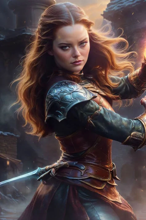 A stunning digital painting of (Emma Stone:1.0) by (John Howe and Frank Frazetta:1.4), Wet, slicked-back hair styled in a bold and daring look that draws attention to the cheekbones and jawline. wearing (As Arya Stark in Game of Thrones, clad in her characteristic leather armor, brandishing her sword Needle, set in a medieval-inspired environment like the streets of Braavos or a Winterfell courtyard:1.2) , (An architectural pose that highlights her flexibility. She kneels on one knee, with her back arched and one arm reaching for the sky, while the other rests on her thigh. Her gaze follows her extended arm, creating a line that draws the viewer's eyes across the image.:1.1) ,(extremely detailed,award winning,volumetric lighting,beautifully crafted digital painting,A mesmerizing, hyper-realistic portrayal,intricately designed,vivid colors,incredibly detailed,masterful artwork,8k,iconic and memorable,ambient occlusion,ultra detailed,best quality,hyperrealism,realistic,professionally lit,epic composition,octane render,unforgettable promo image,atmospheric lighting,award-winning digital painting:1.2), <lora:jimLeeDCComicsMarvel_offset:0.85>, jim lee