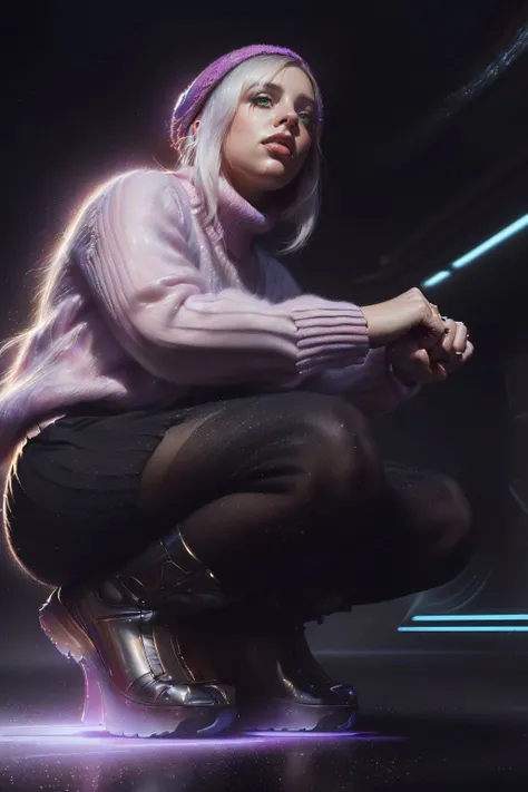 A stunning digital painting of (Billie Eilish:1.0) by (Moebius and mtg-art:1.2), A short, choppy bob with plenty of texture and layers, styled in a sexy and edgy look that highlights the cheekbones and jawline. wearing (A pastel pink, chunky knit sweater worn with a pleated midi skirt and black tights. Paired with black ankle boots and a black beret.:1.2) , (She kneels on one knee, the other foot planted on the ground, her fist resting on the ground for support. She looks up towards the horizon, her gaze steely and resilient.:1.1) ,(Sharp Focus,iconic and memorable,DSLR-quality,smooth skin,hyper detailed illustration,incredibly detailed,ambient occlusion,unforgettable promo image,unforgettable illustration,vibrant high contrast,trending on ArtStation,elegant,hyperrealism,alluring and glamorous,A mesmerizing, hyper-realistic portrayal,realistic lighting,captivating scene,4k,beautifully crafted digital painting,subsurface scattering,Photorealistic Painting,masterful artwork,super realistic:1.2), <lora:jimLeeDCComicsMarvel_offset:0.75>, jim lee