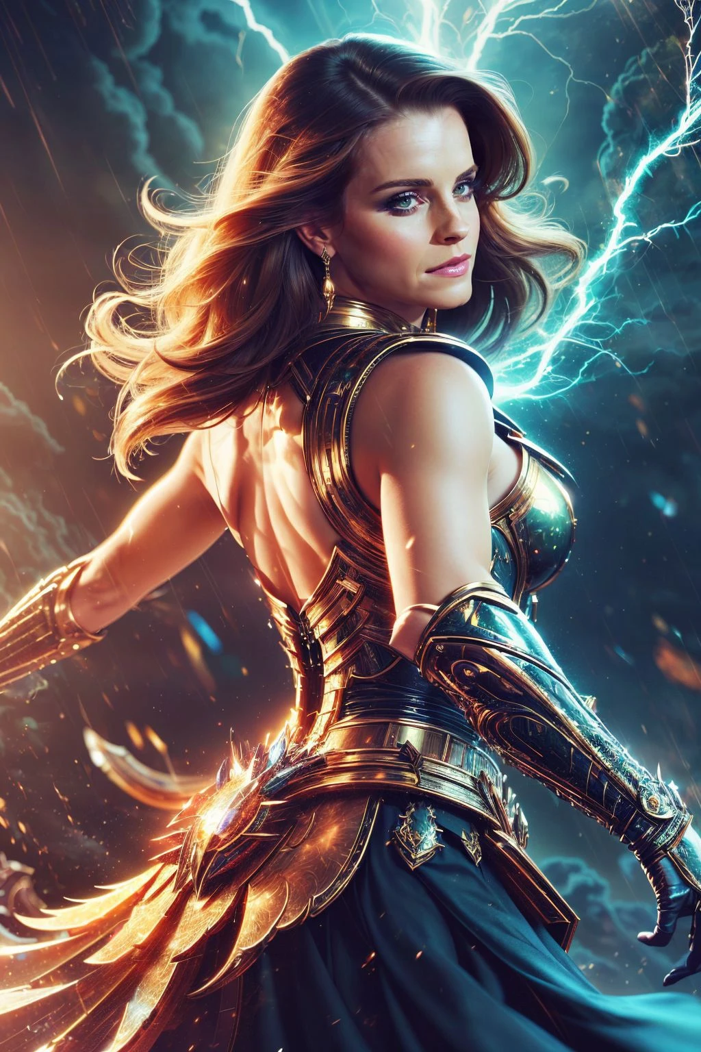 a realistic digital painting of (Emma Watson:1.0), Standing amidst a raging storm, a female human Kineticist (photorealistic:1.35) displays her raw elemental power. Her face, highlighted with (vibrant, energetic makeup:1.2), matches the wild force she commands. Her hands, channeling intense electricity, radiate an aura of pure energy. The storm's ferocity, the electrified atmosphere, and the Kineticist's confident stance portray the essence of her class , Half-up, half-down hairstyle with crystal hairpins: Long, wavy hair styled in a half-up, half-down hairstyle with sparkly crystal hairpins holding back the top half, giving off a luxurious and glamorous feel. wearing (As female Arcturus Mengsk, envision a stunning, high-quality portrait set in the grand throne room of Korhal IV. She's elegantly dressed in a military-style suit, her golden insignia gleaming in the dim light, a testament to her control over the Terran Dominion. Her calculating gaze and the opulent, ominous setting encapsulates her complex character and the magnitude of her power.:1.2) , (With her back partially to the camera, she twists around to hold an enigmatic gaze with the viewer. One hand rests at her nape, fingers entwined in her hair, while the other hand gently rests on her hip, subtly emphasizing her figure. Her look is both enticing and mystifying, sparking curiosity in the viewer.:1.1) ,(ambient occlusion,lifelike textures,volumetric lighting,fantasy art,gorgeous lighting,atmospheric lights,8k wallpaper,elegant,unforgettable photoshoot,beautifully crafted digital painting,sharp focus,alluring and glamorous,best quality,hyper detailed illustration,professionally lit,expertly captured,high detailed,epic fantasy character art,extremely detailed,unforgettable promo image,high-resolution,realistic lighting,intricate:1.2), <lora:GlassTech:1.0>, glasstech, transparent, scifi