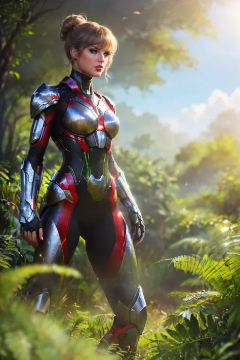 A stunning digital painting of (Taylor Swift:1.0) by (greg rutkowski and John Howe:1.2), A high, messy bun with strands artfully teased to create a sexy, tousled effect. wearing (As a female character in a Crysis Nanosuit, design an 8K ultra-detailed masterpiece set amidst the dense jungles. She stands resolute, the gleaming, chameleon-like armor seamlessly blending with the surrounding foliage. Her suit is catching the dappled sunlight filtering through the leaves, making her appear part of this primal landscape. An image that truly captures the symbiosis of technology and nature, a tribute to the striking aesthetics of the game.:1.2) , (A dynamic standing pose where she bends forward slightly, resting her hands on her knees. Her eyes meet the camera with a playful, daring expression. This pose is energetic and assertive.:1.1) ,(CG unity,atmospheric lighting,cinematic lighting,iconic and memorable,award-winning digital painting,A mesmerizing, hyper-realistic portrayal,hyperrealism,sharp focus,ethereal,vivid colors,epic composition,Deviant-art,professional majestic oil painting,DSLR-quality,8k quality,lifelike textures,realistic,emotional,expertly captured,4k quality,Photorealistic Painting,incredibly detailed:1.2), <lora:sxz-wowstyle_v4_50_64:1.0>