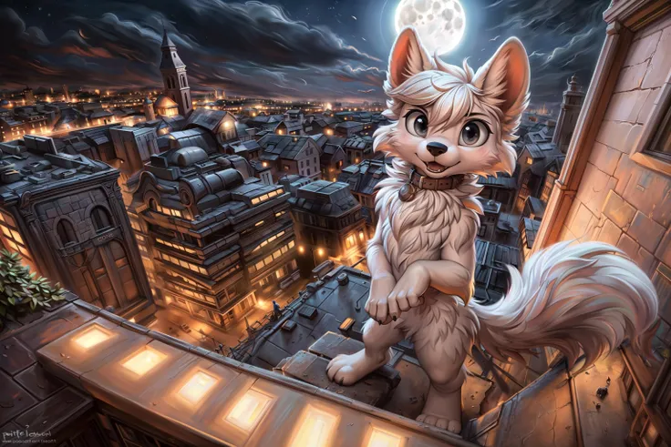 ((SOLO:1.2)), (full body), (BoyKisserFur) a male furry, (detailed face), (((looking at viewer))) (standing on a rooftop:1.2), (city overview:1.1) (Moon Shine), black eyes, (single tail:1.1), (POV high front angle),
[by personalami], by smitty g, [[[by Foxovh]]], [[by Ross Tran]]
break
(shaded), (detailed lighting), (cinematic lighting), sharp focus, [detailed ambient light], [gray natural lighting], ((detailed background)), (long shot:1.4)
hi res, ((raw photo, masterpiece)), (Huge City), (high quality detailed)
<lora:add_detail:0.3>