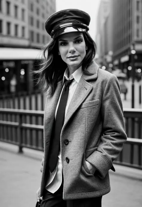 54andr4, beautiful woman in coat and cap, shirt, tie, trousers, city, black and white photo, Hyper realistic, High resolution photography, 8k, masterpiece, shot by Richard Avedon, epiCPhoto, <lora:more_details:0.7> <lora:add_detail:0.25>