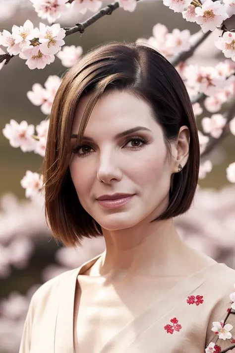 photo of 54andr4:0.9 with a-line bob haircut and wearing a samurai outfit in a cherry blossom garden, detailed face, skin texture, sharp focus, light bokeh