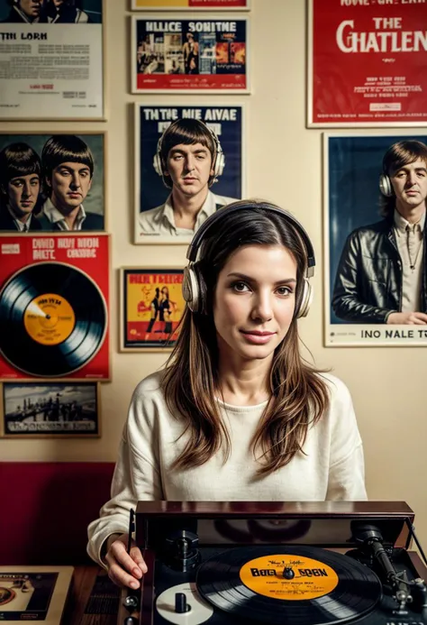 54andr4, woman, wearing large headphones, a lot of vinyl records, vintage record player, posters of the Beatles and Queen, cinematic lighting, masterpiece, epiCPhoto <lora:more_details:0.75> <lora:add_detail:0.3>