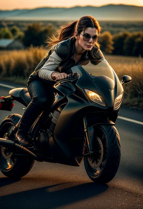 54andr4, girl, sunglasses, leather vest, leather pants, <lora:FutureSuperBike_v3:1> riding, feeling of speed, lonely road, (savannah), dawn, masterpiece, epiCPhoto <lora:more_details:0.7> <lora:add_detail:0.25>