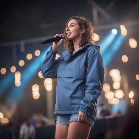 concert photo of female singer 25yo wearing a blue anorak standing on a stage with a microphone, spotlight, bokeh shot with canon eod1d, Glastonbury, epic concert <lora:Anorak-SDXL-1.0_Lora:0.8>