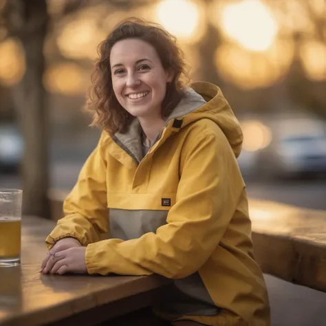 portrait of woman 30yo, sitting in a bar wearing a yellow anorak with a grey fleece underneath, golden hour, shot with canon eos1d f2.8, bokeh <lora:Anorak-SDXL-1.0_Lora:0.95>