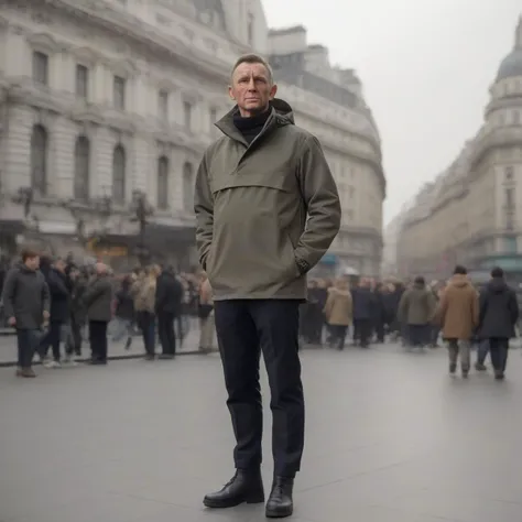 full body portrait of james bond wearing a anorak, piccadilly circus in the background <lora:Anorak-SDXL-0.3_Lora:0.75>